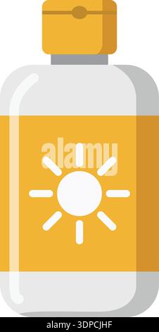 Flat illustration of a sunscreen bottle with a sun symbol on the label and pump top Stock Vector