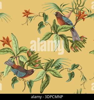 Tropical floral birds seamless pattern with exotic jungle botanical illustration vintage Stock Vector