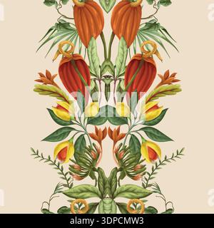 Tropical floral border with exotic botanical leaves flowers vintage illustration Stock Vector