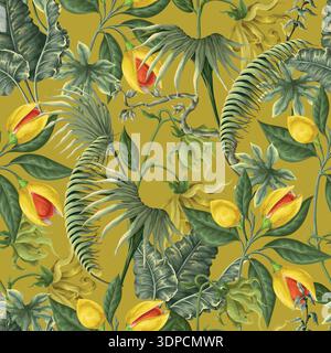 Tropical floral seamless pattern with exotic jungle leaves botanical vintage illustration Stock Vector