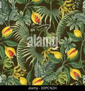Tropical floral seamless pattern with exotic jungle leaves botanical vintage illustration Stock Vector
