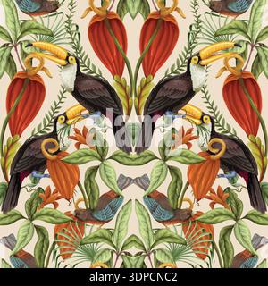 Tropical floral birds seamless pattern with exotic jungle botanical illustration vintage Stock Vector