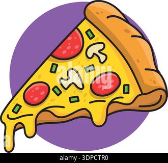 Vibrant cartoon illustration of a delicious pepperoni pizza slice with melting cheese, mushrooms, and green peppers, perfect for fast food themes, Ita Stock Vector