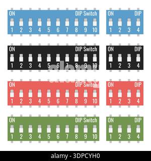 DIP Switch electronic component icons vector set isolated on white background Stock Vector