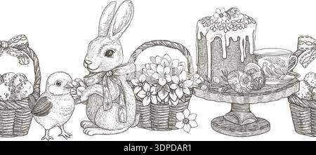 Easter seamless border with cute bunny and chick in vintage sketch style. Hand drawn vector design of flower basket and eggs. Graphic print ideal for card template. Perfect for spring holiday season. Stock Vector
