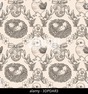 Easter seamless pattern with cute chick and nest line art graphic background. Hand drawn vector grid design in vintage sketch style. Floral print for wallpaper. Perfect for holiday fabric and paper. Stock Vector