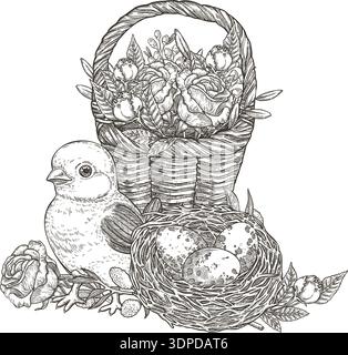 Cute yellow chick with rose flower basket and nest with Easter egg. Hand drawn vector illustration in vintage sketch style. Festive spring outline art for happy holiday design. Greeting card template. Stock Vector