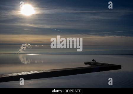 Cormorant drying its wings on a jetty at West Kirby Marine Lake with smoke from distant industry rising against the bright sun Stock Photo