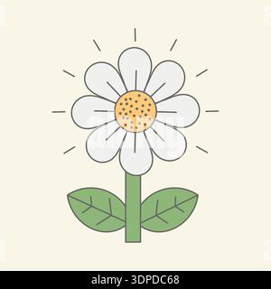 Blooming White Daisy Flower with Green Leaves and Radiant Sunburst Lines Stock Vector