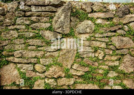 Rustic stone wall constructed with irregular, weathered stones of varying sizes and shapes. The stones are grayish-brown, showing signs of age and nat Stock Photo