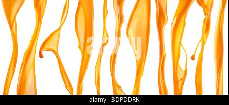 Orange juice splashes, flowing streams Isolated on white background Stock Photo