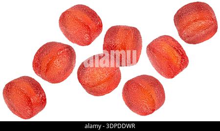 Falling red jelly candies isolated on white background with clipping path Stock Photo