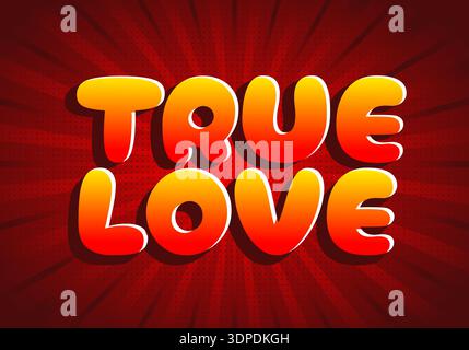a Bold comic style text true love in orange yellow gradient on red radial halftone background Stock Vector