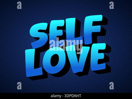 A vibrant graphic design featuring the words Self Love in bold, blue gradient letters against a dark blue background with a dotted pattern. Stock Vector