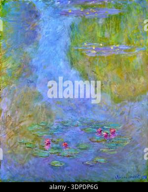 Claude Monet 'Water Lilies (Nymphas)' (1908) oil on canvas, pink white lily pads shimmering Giverny pond reflections Stock Vector