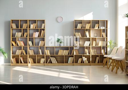 Modern reading room with wooden bookshelves, chairs and bright sunlight interior Stock Photo