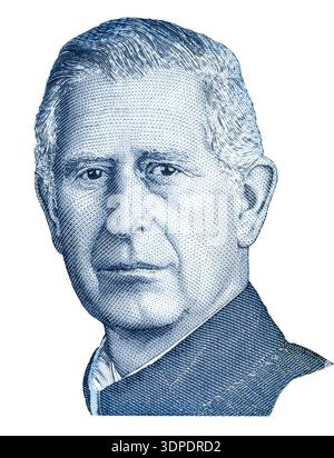 England King Charles III  Portrait from English five pounds sterling banknote, close up Stock Photo