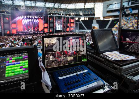 Professional TVLogic Video Monitor and Production Switcher at Stadium Concert Stock Photo