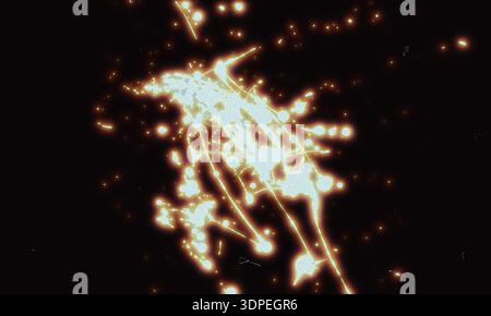 Abstract golden light streaks and neural energy networks on black background. Stock Photo