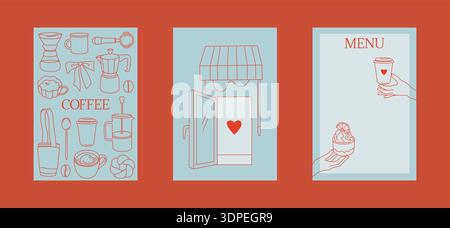 Hand-drawn coffee shop or cafe poster, cards and menu templates and covers set, cafe branding collection, coffee, cups, pastry Stock Vector