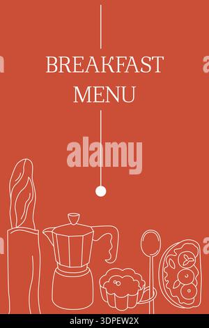 Hand-drawn coffee shop or cafe poster, card or menu cover template for cafe branding, breakfast toast, baguette and moka pot Stock Vector