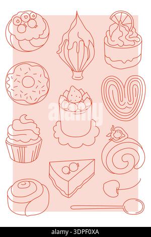 Hand-drawn coffee shop or cafe poster, card or menu cover template for cafe branding, desserts and pastries line art illustrations Stock Vector