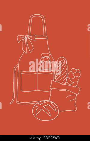 Hand-drawn bakery or cafe poster, card or menu template, bakery shop branding, bread loaves and apron Stock Vector