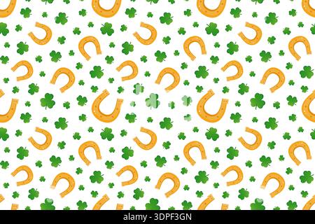Seamless pattern with golden horseshoe and green clover. St Patricks Day festive background. Luck and Irish culture for holiday celebration. Patrick Day designs, wrapping paper, textiles Stock Vector