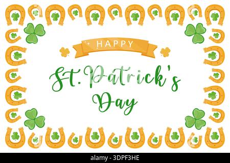 St. Patricks Day background with green clover leaves and golden horseshoes. Greeting template with text in a festive frame. Symbol of the Irish holiday, ready-made border for poster design. Stock Vector