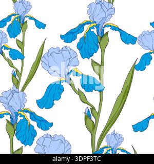 blue irises, branch with flowers, seamless vector pattern. Stock Vector