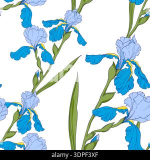 blue irises, branch with flowers, seamless vector pattern Stock Vector