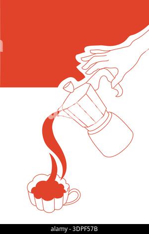 Hand-drawn coffee shop or cafe poster, card or menu cover template for cafe branding, moka pot in a hand and hot coffee cup Stock Vector