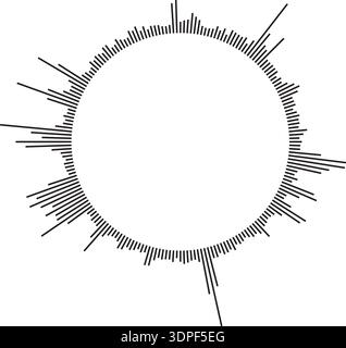 Vector circular sound wave pattern. Radial audio waveform illustration. Round equalizer with peaks. Stock Vector