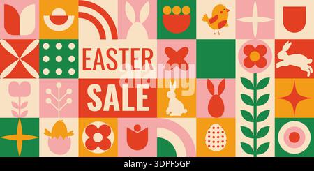 Easter geometric banner with colorful tile grid, bold EASTER SALE, stylized bunny and chick icons, tulip and egg motifs, warm coral and green palette, Stock Vector