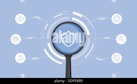 Magnifying glass over shield lock icon symbolizing cybersecurity, data protection, privacy safety, and secure digital technology. Stock Vector