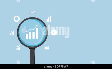 Magnifying glass analyzing business growth charts and data icons, representing analytics, performance tracking, financial analysis, and strategic plan Stock Vector