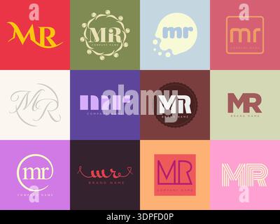MR logo company template. Letter m and r logotype. Set different classic serif lettering and modern bold text with design elements. Initial font typog Stock Vector