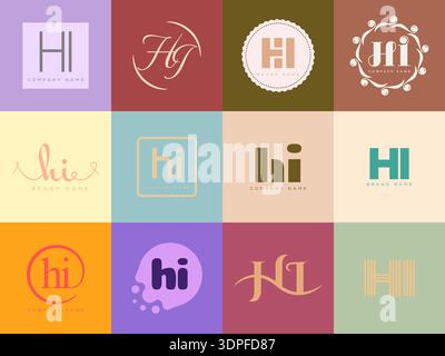 HI logo company template. Letter h and i logotype. Set different classic serif lettering and modern bold text with design elements. Initial font typog Stock Vector