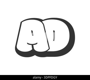 AD logo, bubble comic lettering, rounded in graffiti style black and white silhouette. Trendy preschool A and D letter text for festival party, person Stock Vector