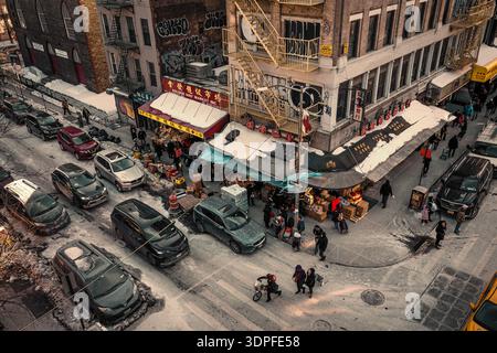 Lovely aerial view of a curb market in Chinatown in Lower Manhattan, New York City, NY, USA, on a cold winter day Stock Photo