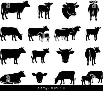 Farm animal silhouettes vector collection featuring cow, horse, goat, pig, sheep, chicken and other animals in simple black icon set Stock Vector