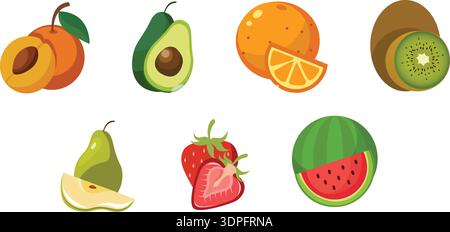 Colorful Fruits icon set, all fruits combination, whole fruits icon, Half fruits icon, orange, kiwi, watermelon, strawberry, avocado, peach, pear Stock Vector
