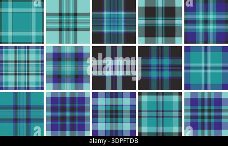 This vibrant turquoise and teal plaid pattern features a classic tartan design. A seamless fabric texture ideal for fashion, interior decor, and creat Stock Vector