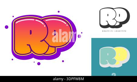 RP logo design for festival or party. Initial letter r and p in graffiti style. Creative modern lettering company name of font typography. Kids trendy Stock Vector