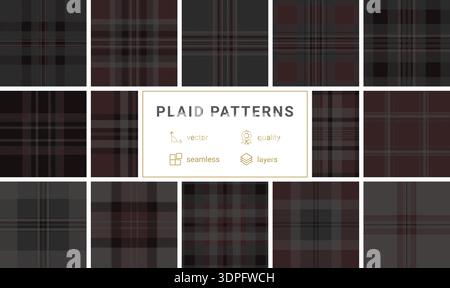 Sophisticated dark grey tartan pattern featuring subtle red accents. This timeless plaid design offers a classic masculine aesthetic for fashion, text Stock Vector