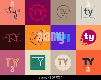 TY logo company template. Letter t and y logotype. Set different classic serif lettering and modern bold text with design elements. Initial font typog Stock Vector