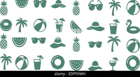 Green plant and tea cup icon set vector collection for cafe and kitchen design Stock Vector