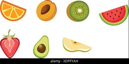 Colorful Fruits icon set, all fruits combination, whole fruits icon, Half fruits icon, orange, kiwi, watermelon, strawberry, avocado, peach, pear Stock Vector