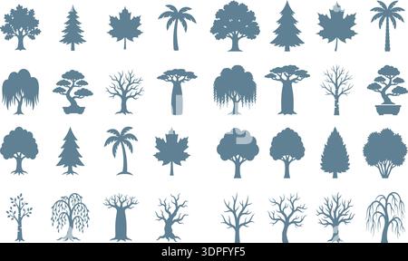 Set of tree silhouettes in black vector style featuring palm and birch with leaves and branches in a natural forest design Stock Vector