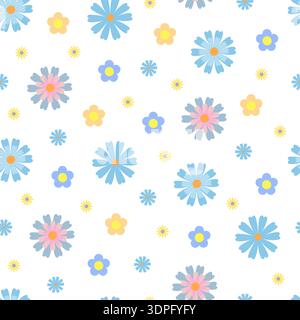Blue, yellow flowers in random order seamless pattern, simple repeat floral ornament, hand drawn vector illustration for textile, fabric, gift paper, fashion print, Easter, spring holidays decor Stock Vector